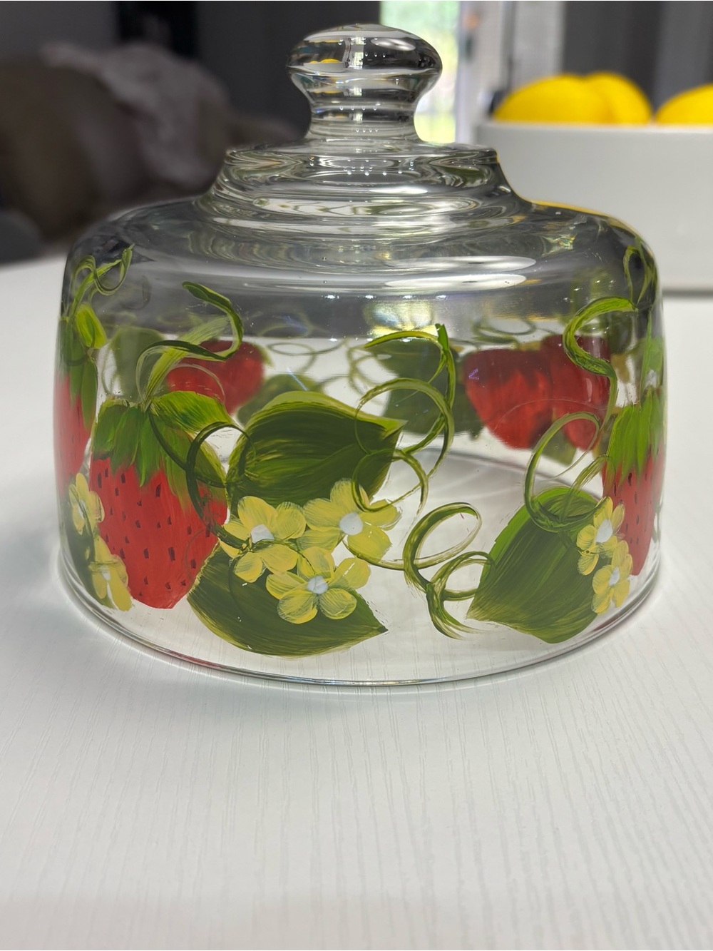 Vintage L. Elliott Signed Hand Painted Glass Cheese Dome Cloche Platter - Picture 5 of 10